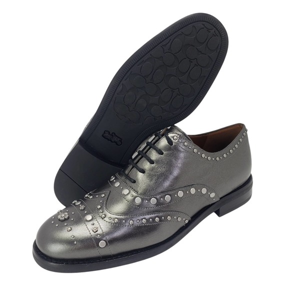 MSRP $250, New Coach Tegan Gunmetal Leather Studded Oxford Wingtip Shoes, Size 7 - Picture 2 of 8